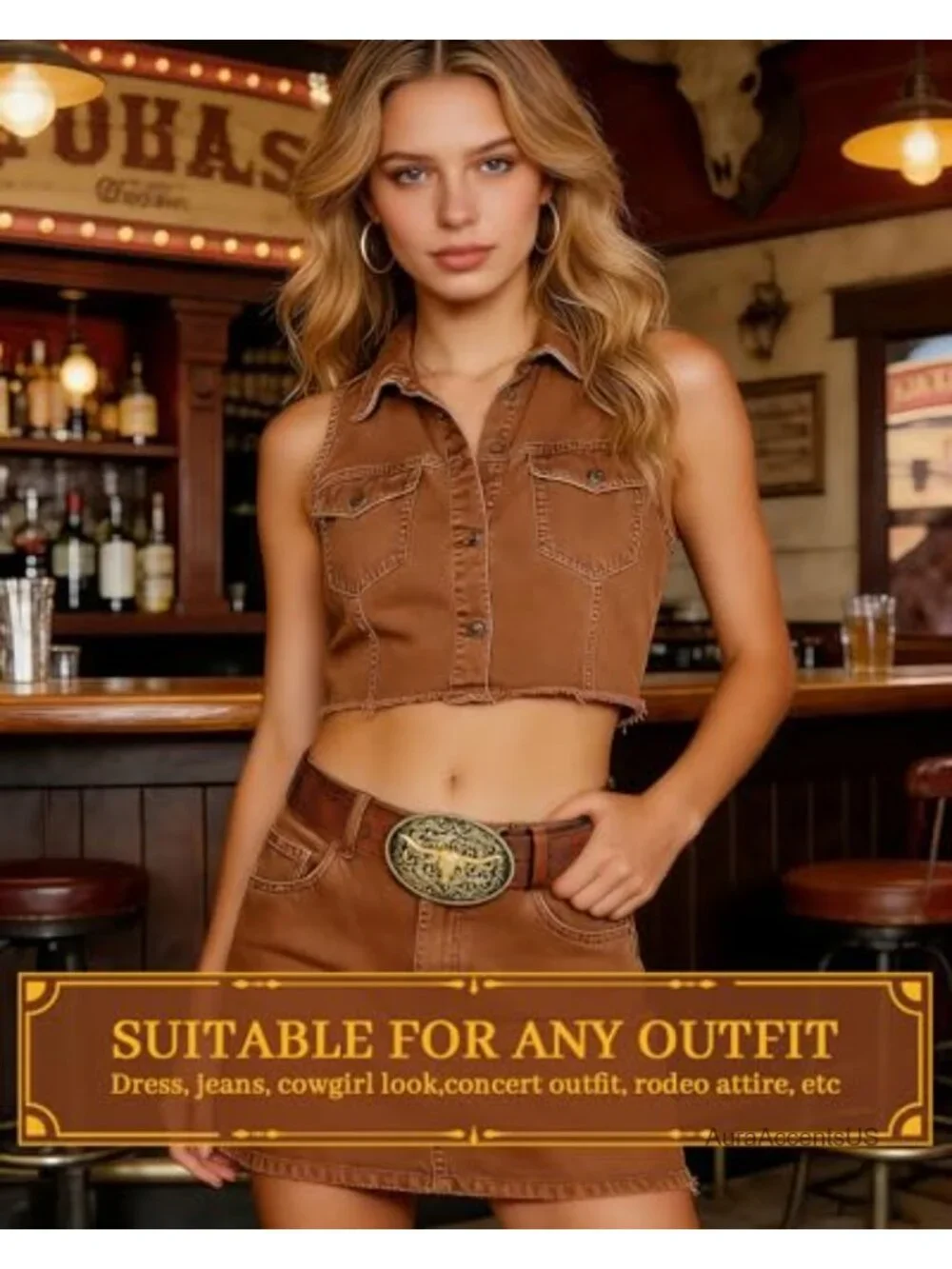 Western Cowgirl Belt with Bull Buckle Faux Leather Embossed